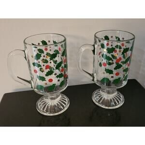 Christmas Irish Coffee Pedestal Mugs Set of 2 Holly Berry Gold Confetti Holiday